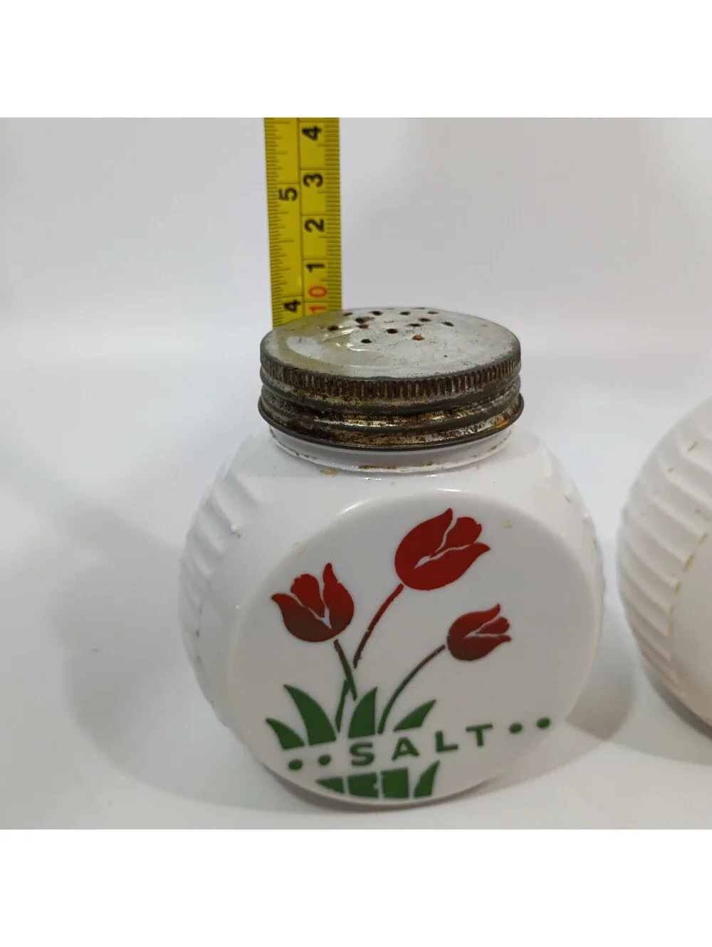 Vintage Fire King Red Tulip Salt & Pepper Shakers Anchor Vitrock Milk Glass